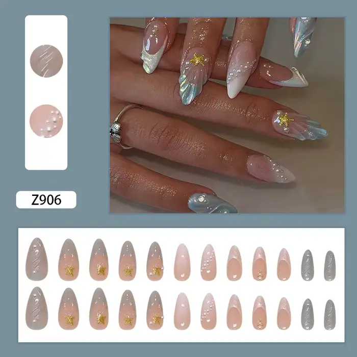 Faux ongles à presser en amande, 3D Coquillage Étoile Perle Strass, Transparent Nude, Thème Océan Ét