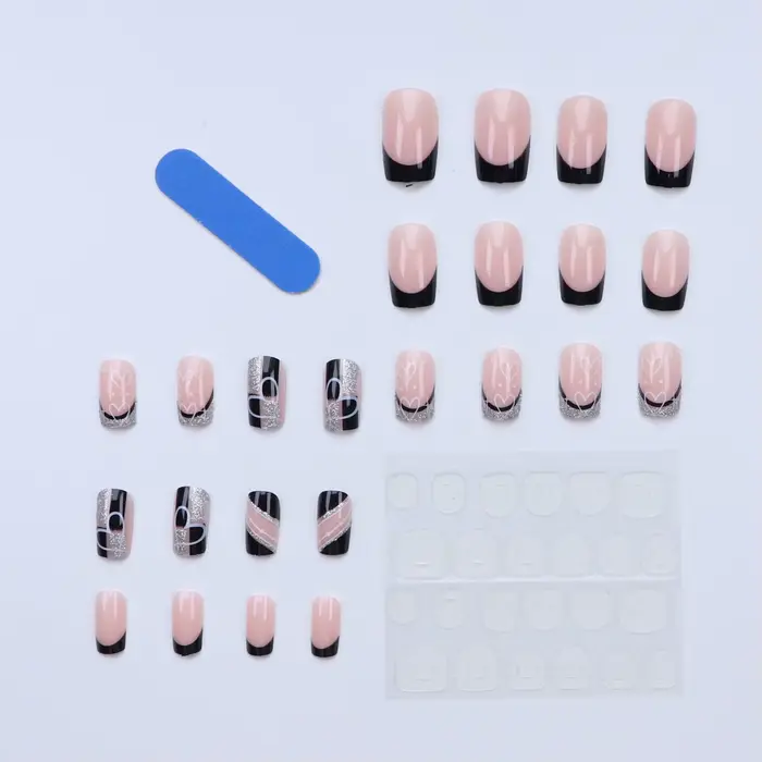 CuemployPusher-Faux ongles à paillettes argentées carrées noires, poignées amovibles et réutilisable