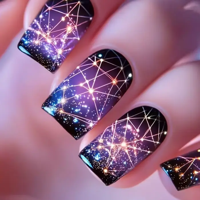 Faux ongles moyens pour femmes, paillettes dorées, étoiles argentées, dégradé nude, violet, noir, am