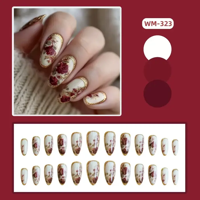 24 pièces ongles à pression avec amande Rose plaquée or Design Floral classique
