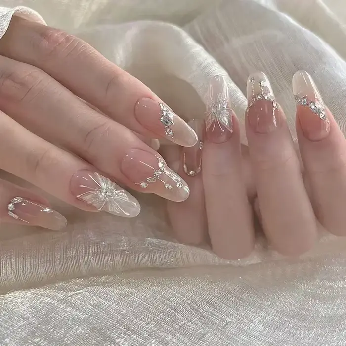 24 pièces amande Pure fait à la main presse sur les ongles couverture complète papillon français per