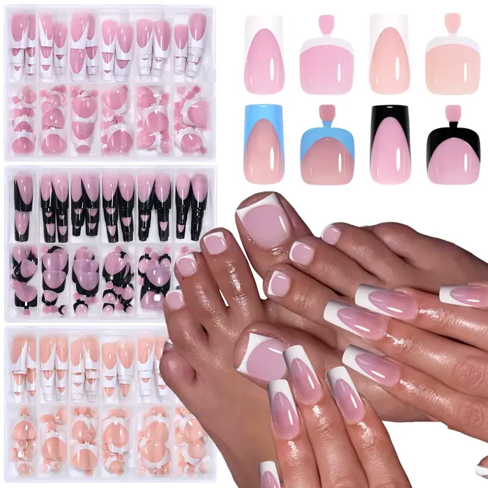 144 pièces français noir rose main et pied portant des ongles ensemble court carré faux ongles press