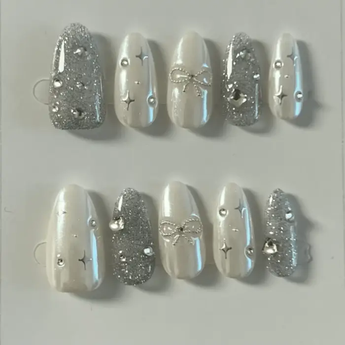 10 pièces de faux ongles en forme d'amande pressés à la main, magnifiques faux ongles, couleur argen