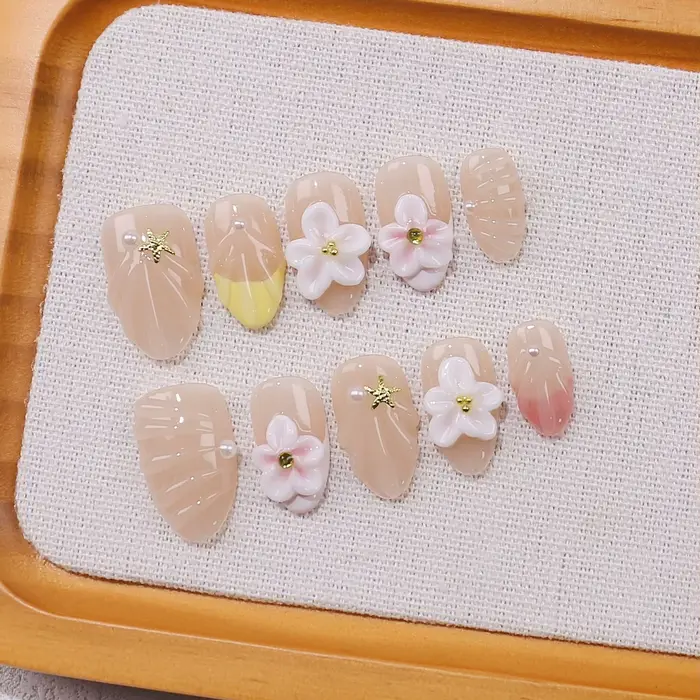 10 pièces étoile de mer ondulations d'eau conception presse sur faux ongles court ovale portant manucure 3D fleurs