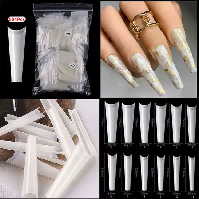 Faux-ongles en forme de cercueil, 504 pièces, naturel, clair, français, demi-couverture, acrylique, 