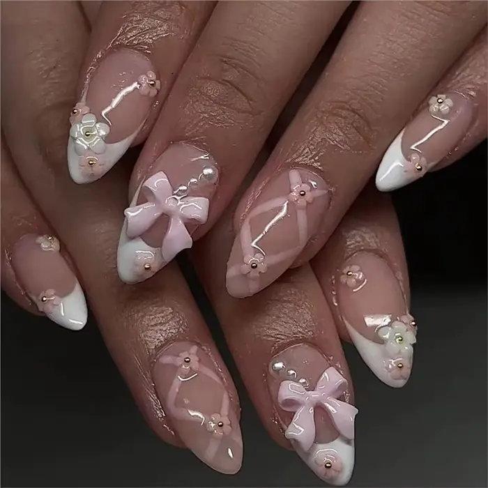 30 pièces/boîte 3D blanc et rose arcs Nail Art breloques 6gird mignon nœuds papillon ruban ongles st