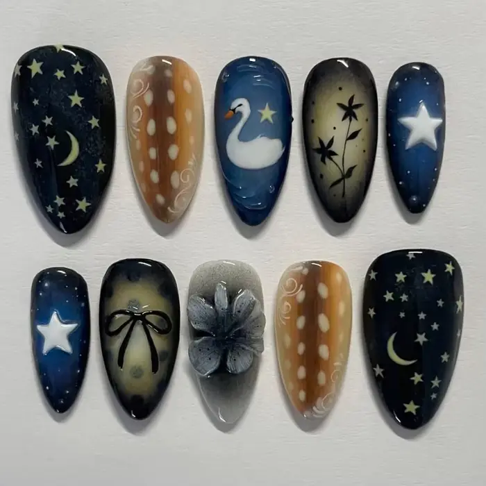 Faux ongles noirs dégradés, 24 pièces, motif étoile jaune, lune, cygne, à pression, nœuds papillon d