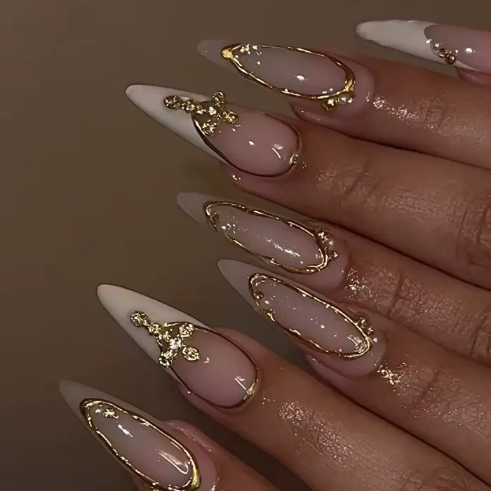 24 pièces de faux ongles transparents blancs de style français, plaqués or, avec diamants, longs et 