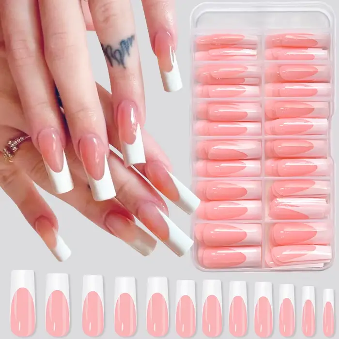 120 pièces brillant rose français presse sur ongles 12 tailles longs carrés faux ongles blanc bord c