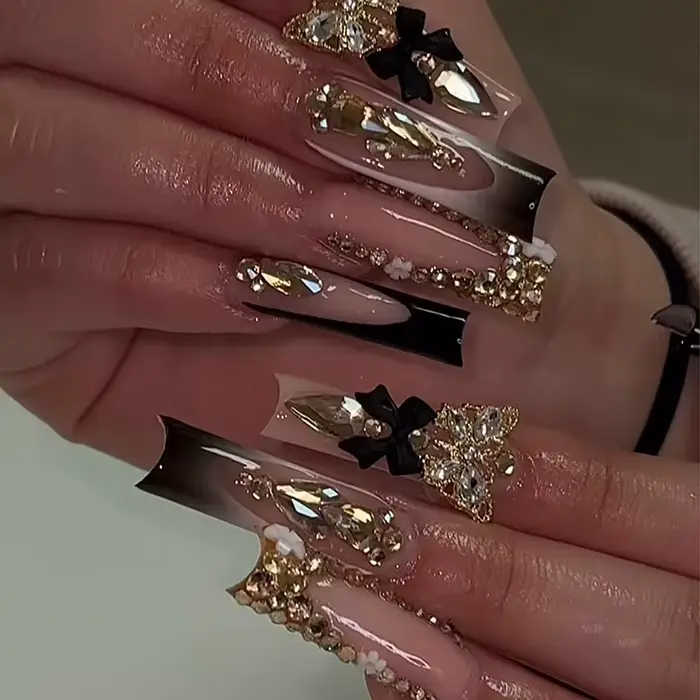 24 pièces longue tête carrée française presse sur faux ongles 3D fleur bleue strass conception couve