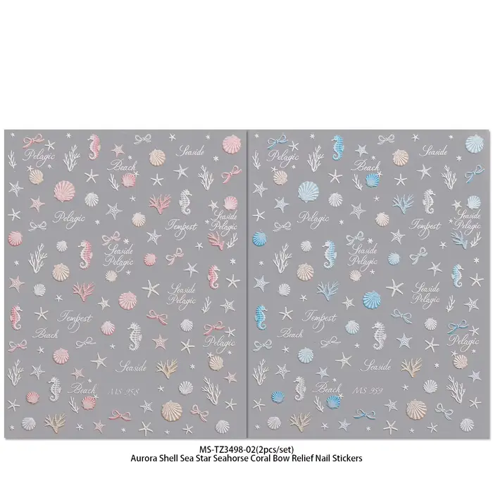 Autocollants pour ongles Coquillages Océaniques Aurora - Décorations 3D en relief Étoiles de mer et Hippocampes pour