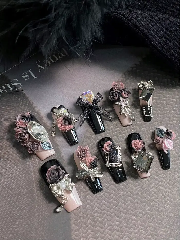 Ongles mi-longs en forme de cercueil faits à la main, autocollants personnalisés gothiques Punk 3D f