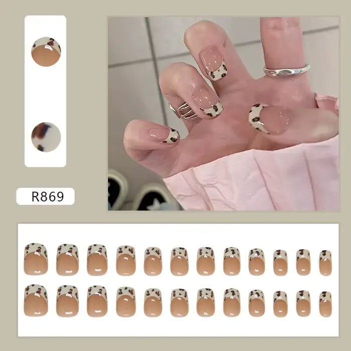 Faux ongles carrés courts à presser, imprimé léopard nude, French manucure, luxe minimaliste, amovib