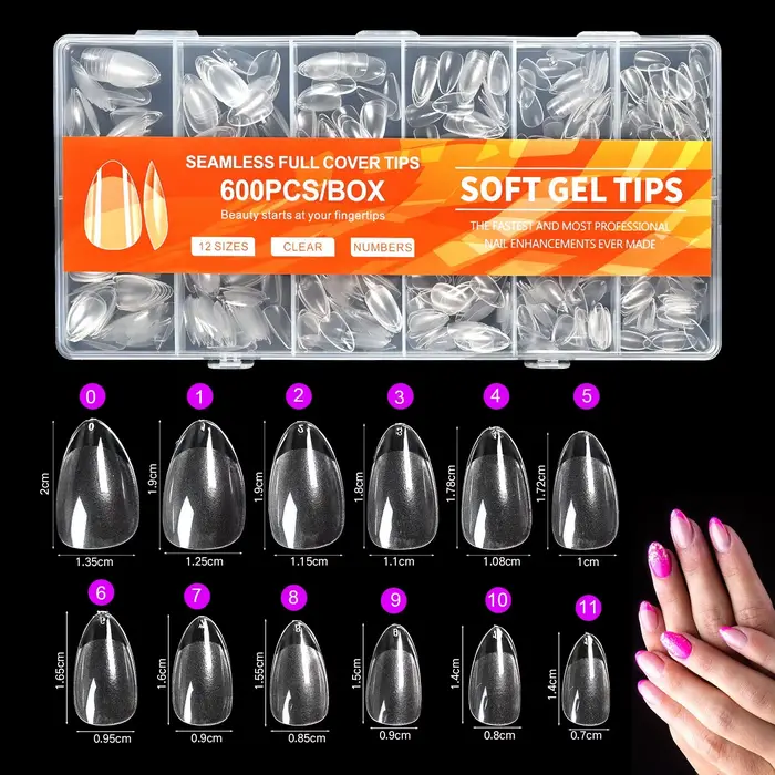 600 pièces/boîte Capsules d'ongles artificiels semi-mates, formes Amande et Cercueil, à couvrance to