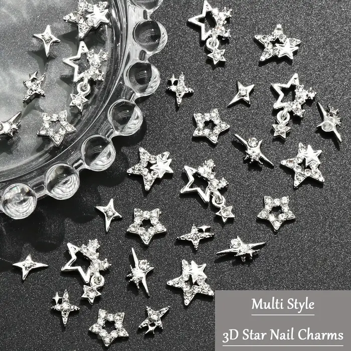 Breloques pour ongles en forme d'étoile argentée, 30 pièces, étoiles 3D brillantes, gemmes pour ongl