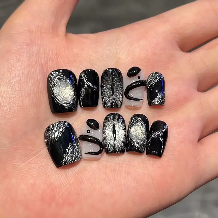 10 pièces noir mignon chat à la main presse sur ongles cristal oeil