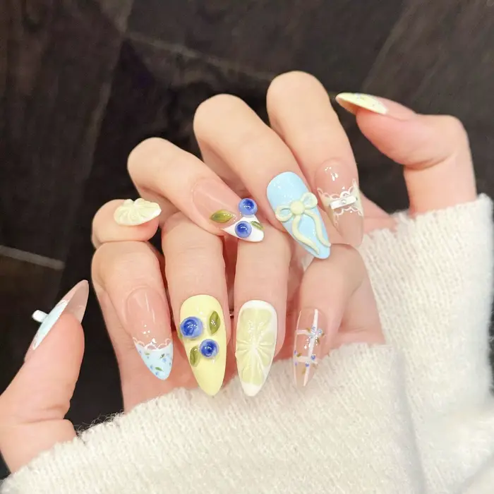 10 pièces Style coréen faux ongles faits à la main 3D citron myrtille nœuds papillon conceptions pre
