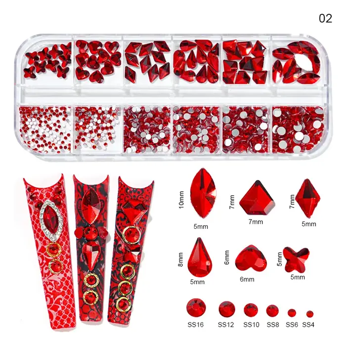 12 grilles 3D rouge Nail Art strass mixte coeur/papillon/rond/goutte verre diamants bricolage manucure