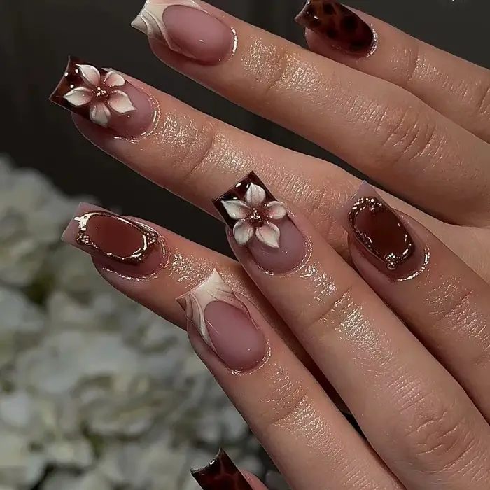 Faux ongles carrés moyens 3D pour femmes et filles, design léopard, fleur, nœud papillon, cadre fran