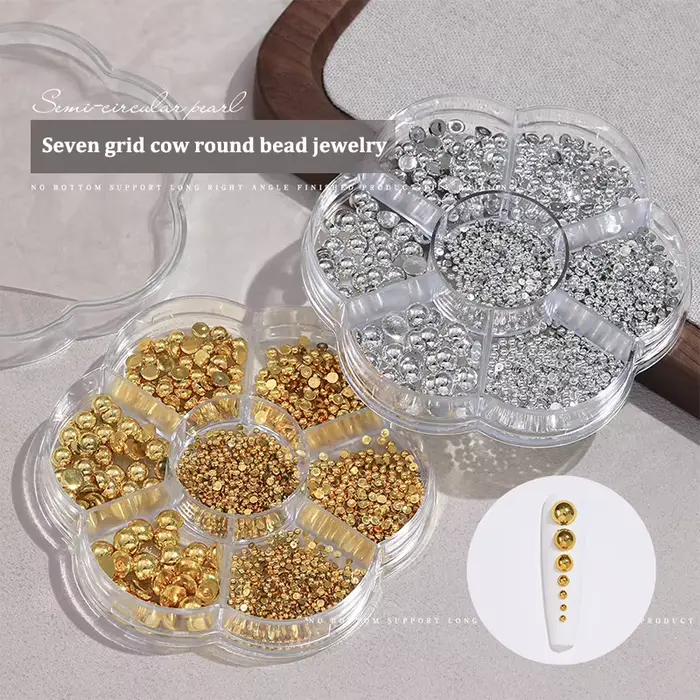 7 grilles argent or taille mixte perle Nail Art décorations blanc demi-rond fond plat
