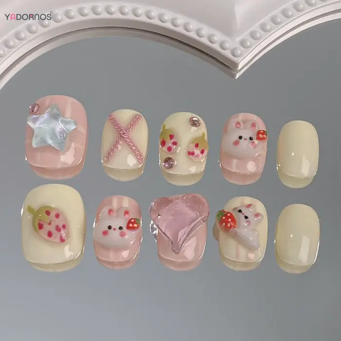 Faux ongles faits à la main, fraise rose, lapin mignon, diamant conçu, courts et ronds, à pression, pour femmes et filles, manucure quotidienne à faire soi-même