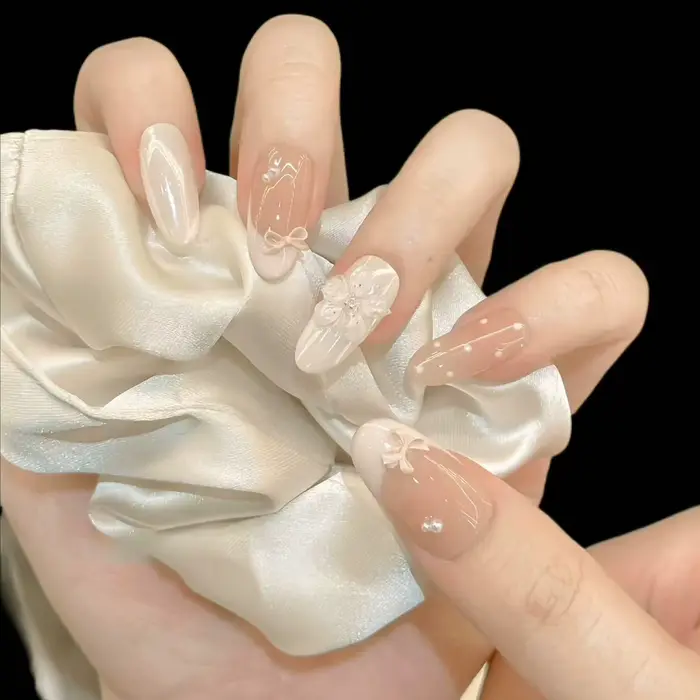 10 pièces ongles français ovales avec nœud papillon Floral conception à la main bricolage presse sur faux