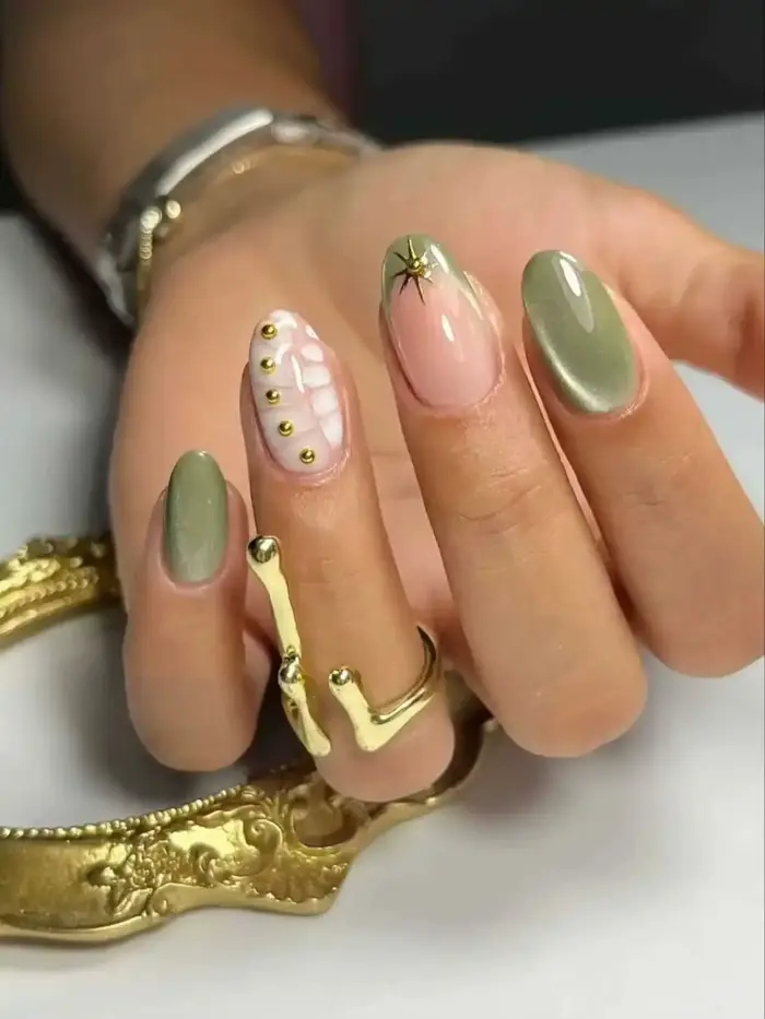 10 morceaux d'ongles en forme d'amande faits à la main avec motif de rayures œil de chat vert et pet