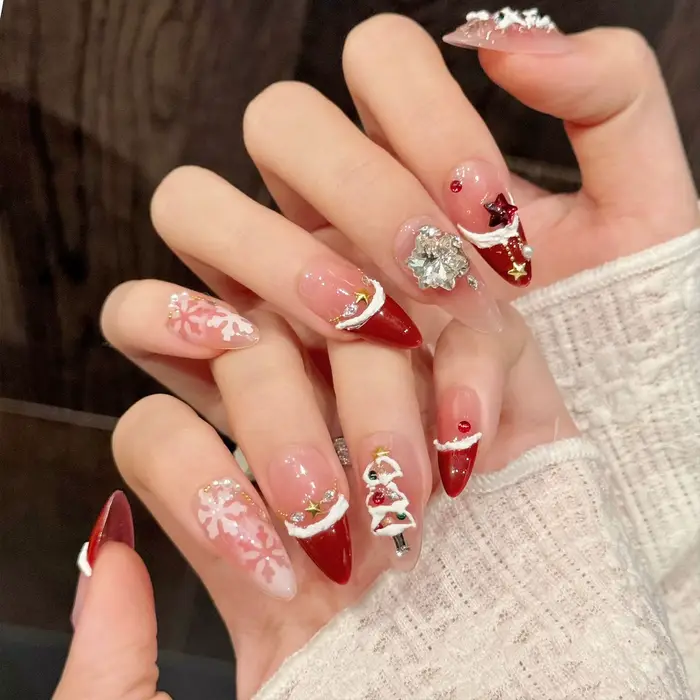 10 pièces faux ongles de noël faits à la main charmant oeil de chat rouge pointe française presse