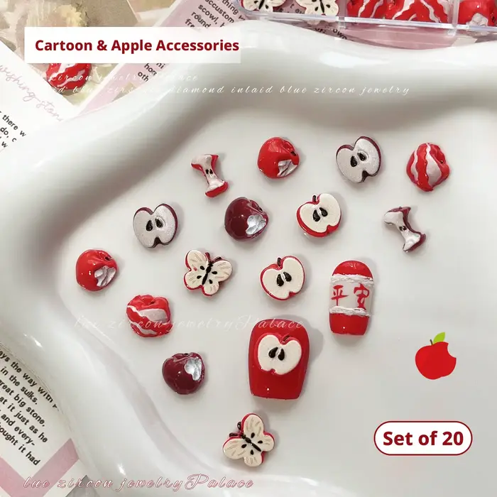 20 pièces MIX de breloques pour ongles en forme de pomme rouge mignonne