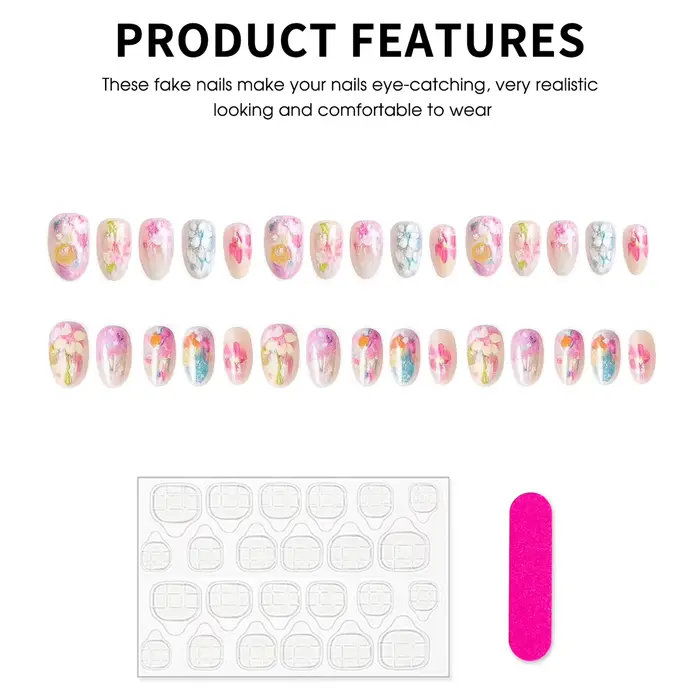 24/30 faux ongles à presser, motif floral aquarelle, courts et ovales, pour femmes, décoration florale printemps-été