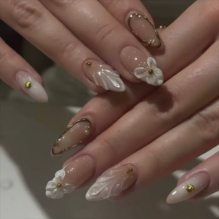 24 pièces/ensemble français amande presse sur ongles fleur rose faux
