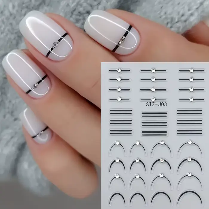 Autocollants pour ongles auto-adhésifs, ligne française, rayures ondulées métalliques, strass, décal