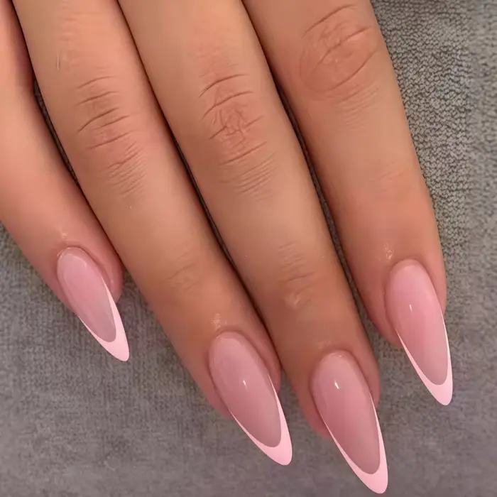 2026 24PCS Faux ongles neutres brillants, forme amande, dégradé rose nude, avec pointillages blancs