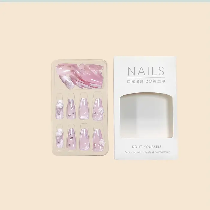 Nouveau femmes filles 24 pièce/ensemble moyen Ballet français blanc camélia pierre décoration couverture complète portable faux ongles presse sur Nail Art