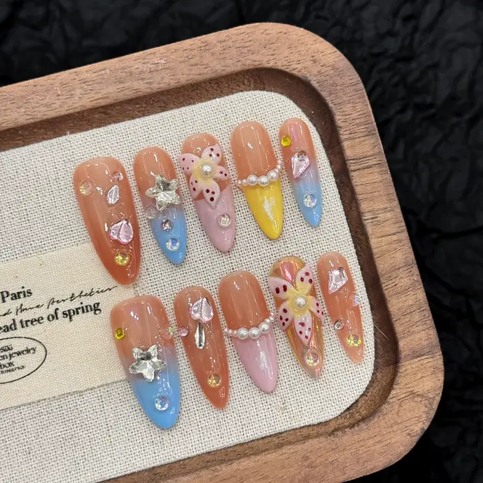 10 pièces presse à la main sur les ongles 3D coloré été mer étoile de mer conçoit faux ongles patchs