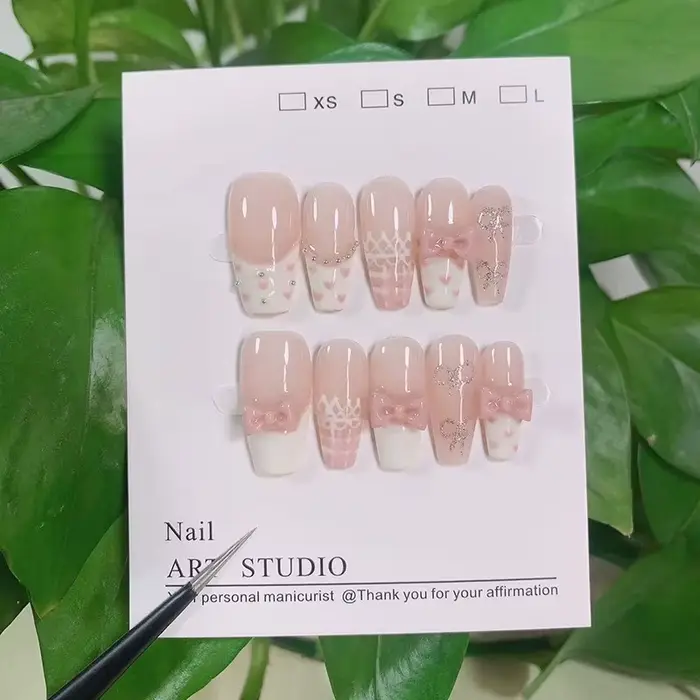 10 pièces brillant doux rose français à la main presse sur les ongles avec nœud papillon 3D mignon moyen cercueil faux