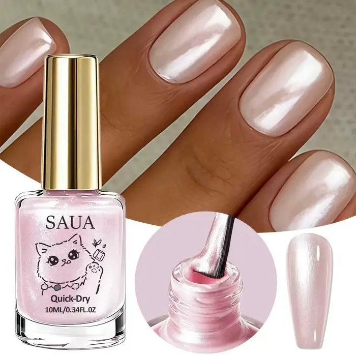 Vernis à ongles nacré rose ; séchage rapide, pas de lampe nécessaire, formule longue durée ; ajoute une brillance nacrée et illumine les ongles.