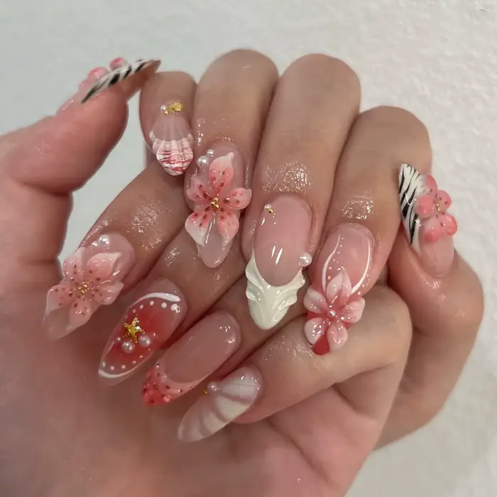 Faux ongles français imprimé léopard, 24 pièces, fleur 3D, Rose dorée, mi-longs, amande, couverture