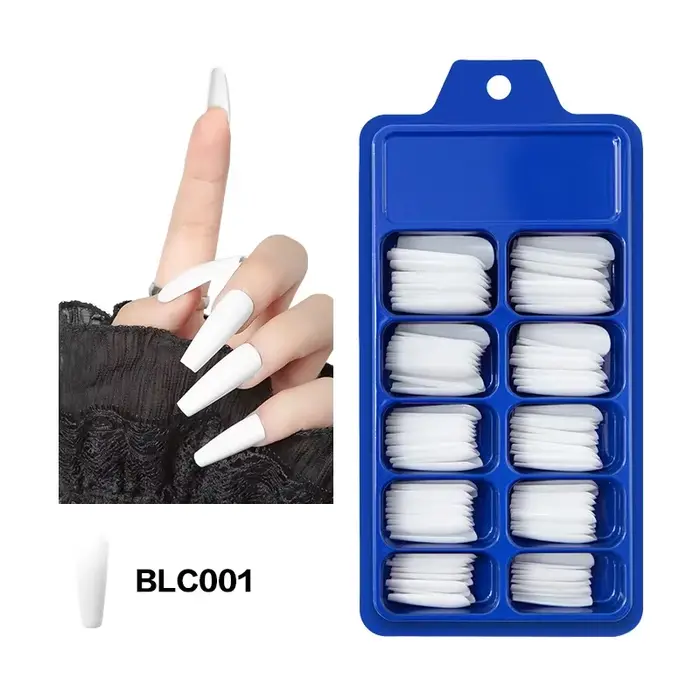 100 pièces faux ongles portable couverture complète couleur unie pointu longue ballerine bleu rose o