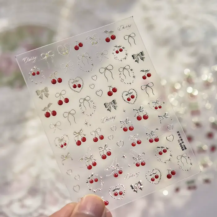 Autocollants pour ongles en métal, arc de fraise douce 5D, or, argent, fraise, cerise, décalcomanies