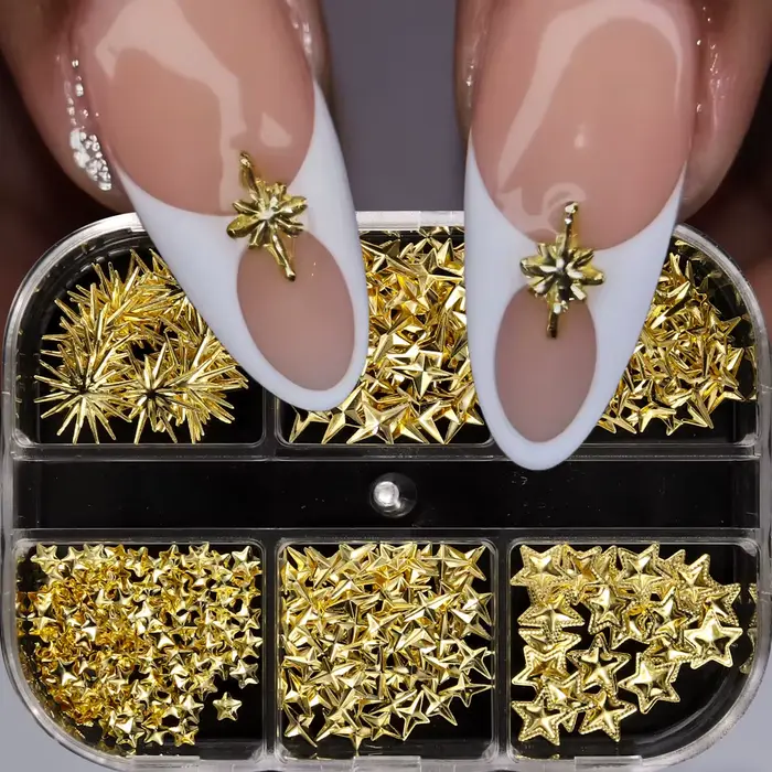 6/12 grilles or étoile lune rivet métallique 3D breloques pour ongles alliage soleil lune Starlight