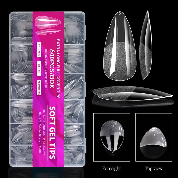 100/600 faux ongles courts en forme d'amande, en gel souple, couvrants, pour ongles en acrylique, à