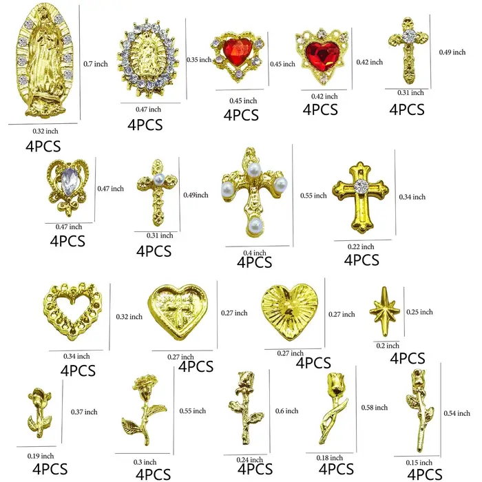Ensemble de breloques pour ongles en or, 72 pièces, avec croix dorée, cœurs, roses et vierge marie, 
