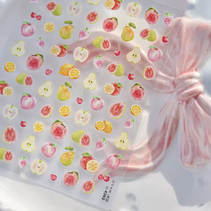 Autocollant de manucure 5D fruits d'été, pomme, fraise, cerise, cœurs d'amour, étoiles à nœud papill