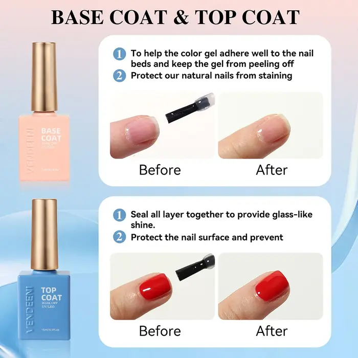 Vendeeni Top Coat Fort Sans Résidu à Haute Luminosité, Base Coat, Vernis à Ongles en Gel UV, Vernis Gel Durable, Top Coat Résistant aux Rayures