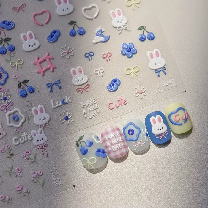 Autocollants pour ongles lapin 5D Kawaii, 1 pièce, dessin animé japonais, fleur rose bleue, adhésif,