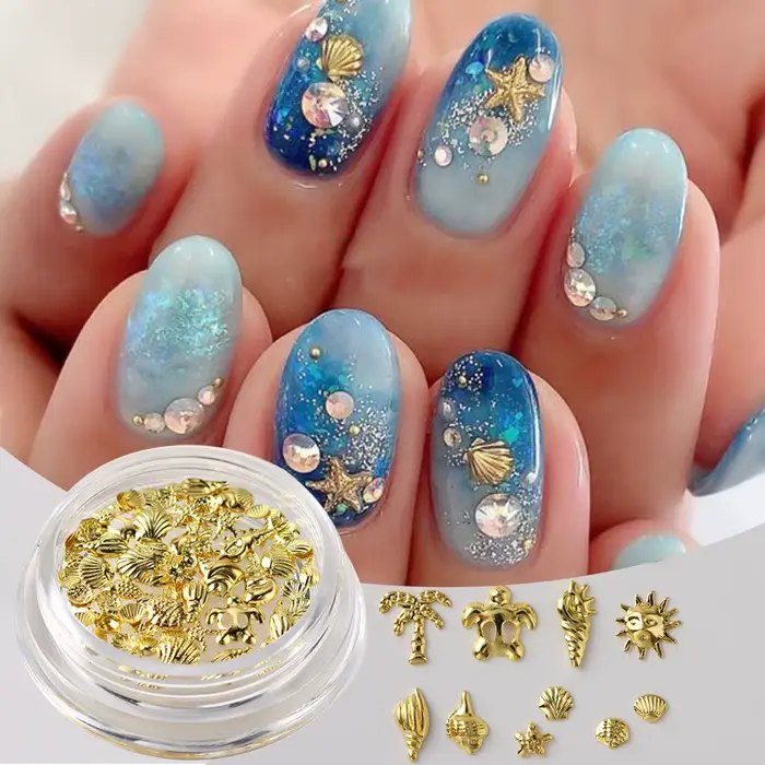 1 Boîte de Décorations Métalliques pour Ongles Thème Océan Doré – Coquillages