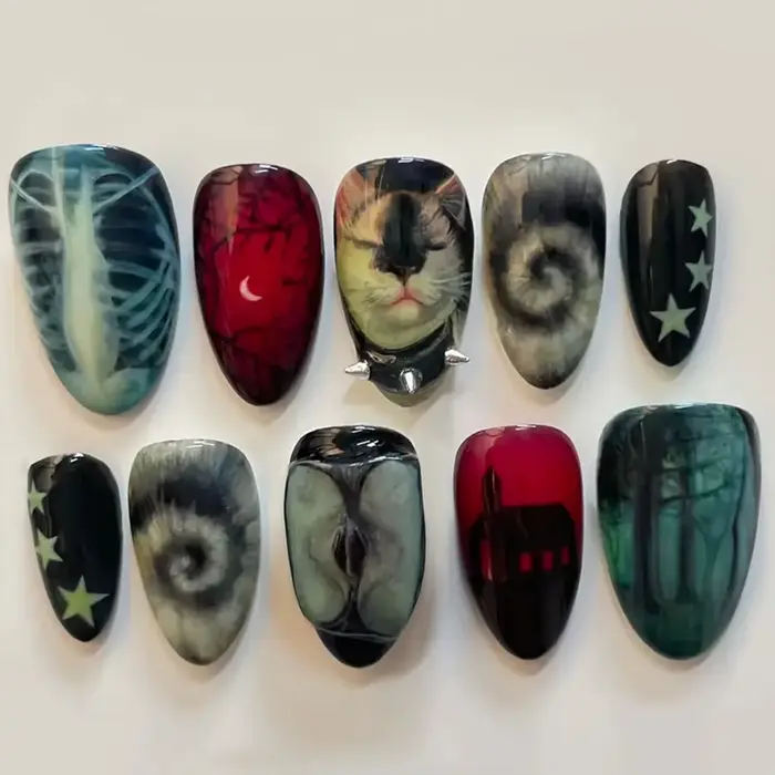 Faux ongles faits à la main, Style noir foncé, Y2k Star Horor Foreat, dessins à pression, Halloween,
