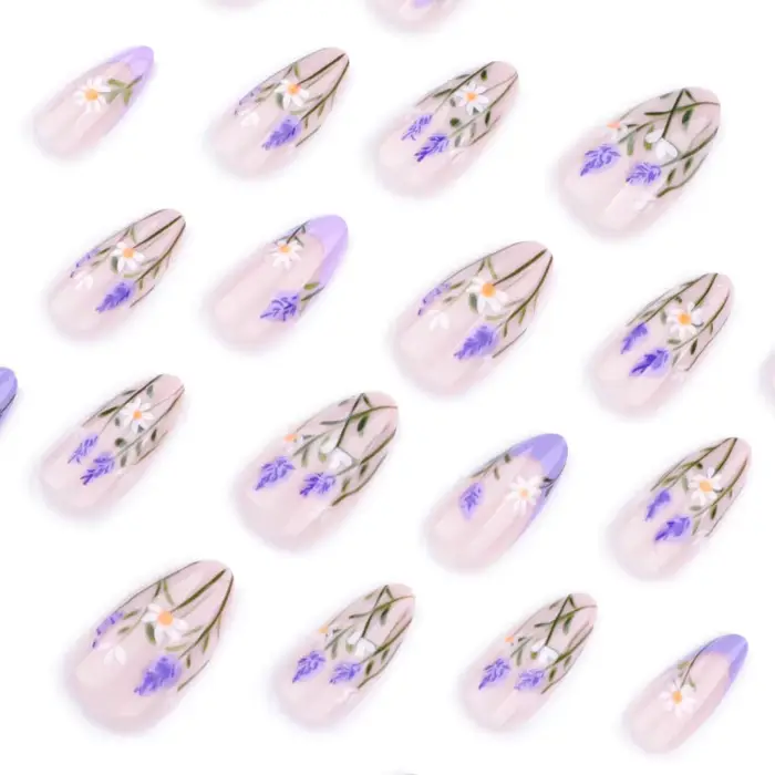 24 pièces printemps été ongles presse Ons fleur français violet faux