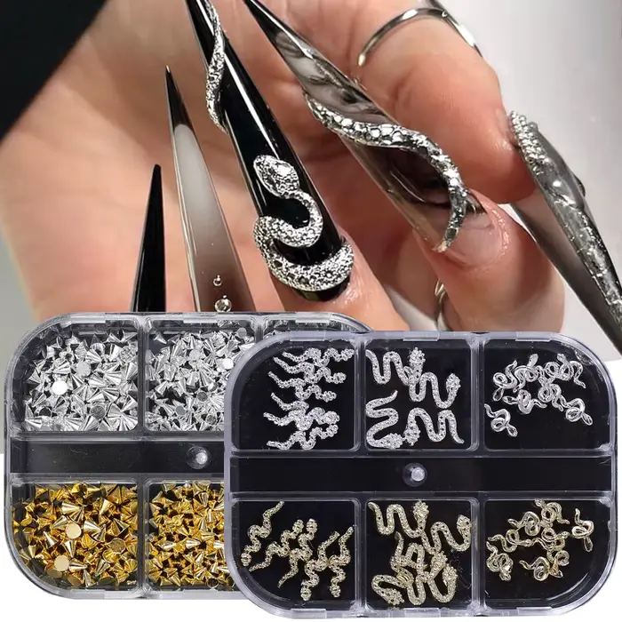 2 boîtes de strass serpent Rivet ongles accessoires Style Punk or argent métal bijoux Cool charme Halloween manucure décor pièces